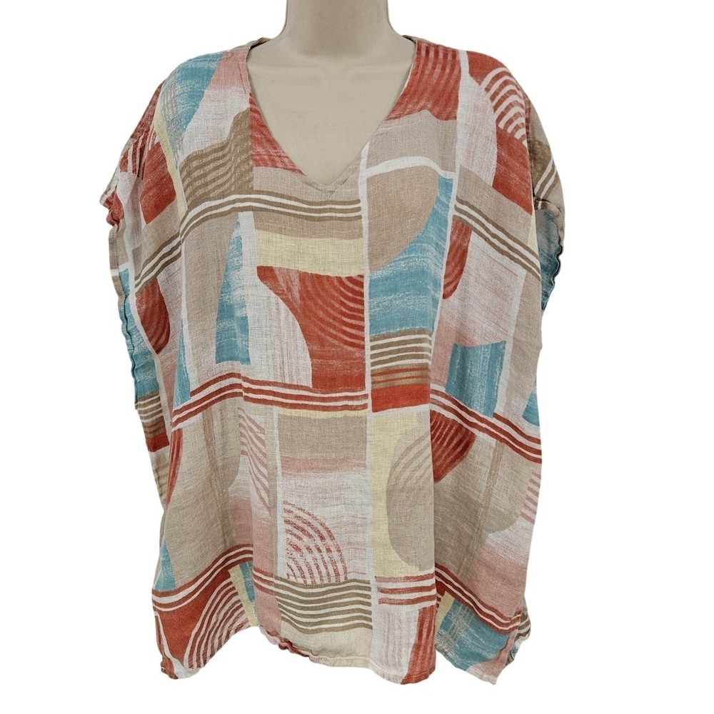 Chico's 100% Linen Top Women S/M Abstract Print Tunic Boxy Beachy‎ Coastal